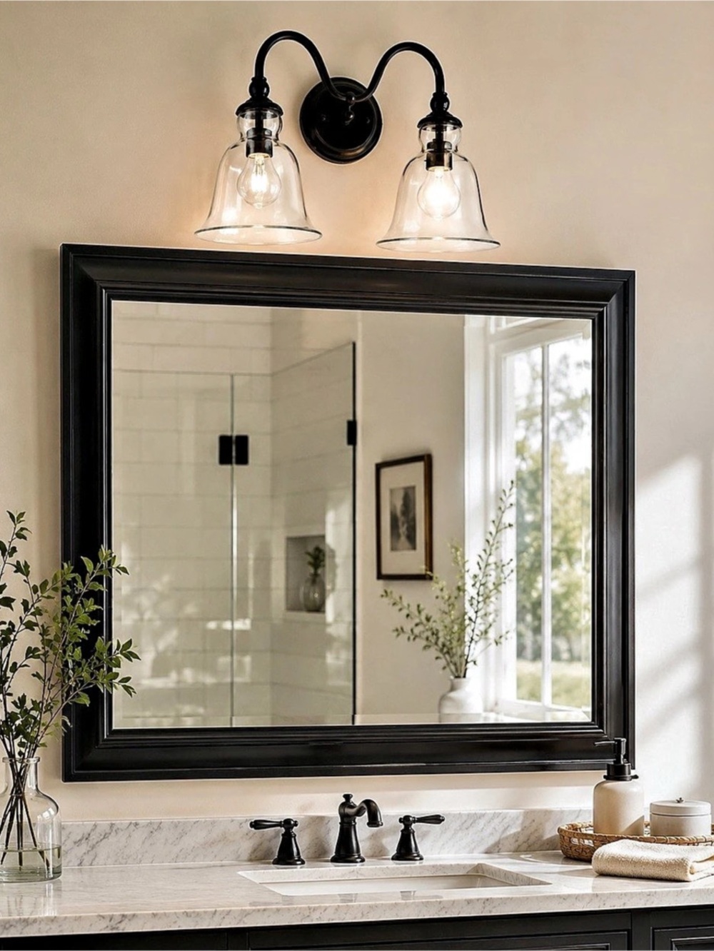 2-Light Black Vanity Wall Fixture Clear Bell Glass Shades Traditional Bathroom